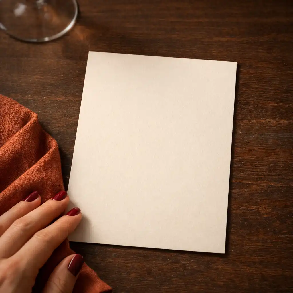 Papierowa karta menu na ciemnym drewnianym stole obok lnianej serwety