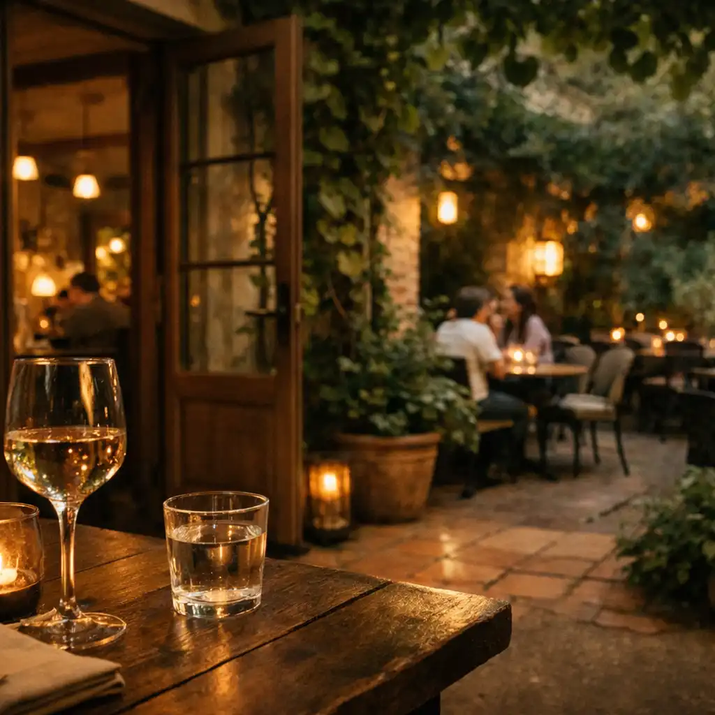 Wieczorny ogród restauracyjny z fragmentem stołu, światłem i roślinami