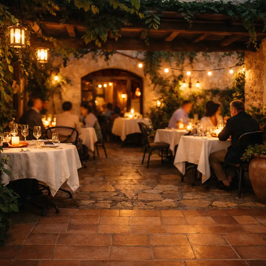 Ogrodowe wnętrze restauracji po zmroku z nakrytymi stolikami i roślinami