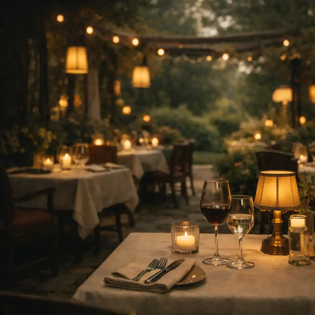 Ogrodowe wnętrze restauracji ze stołami, roślinami i ciepłym światłem