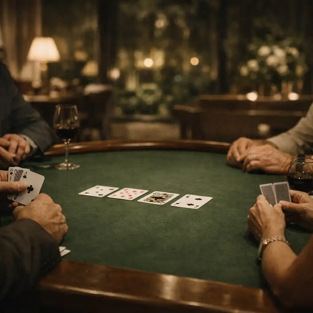 Dorośli goście przy fizycznym stole pokerowym w spokojnym restauracyjnym lounge'u