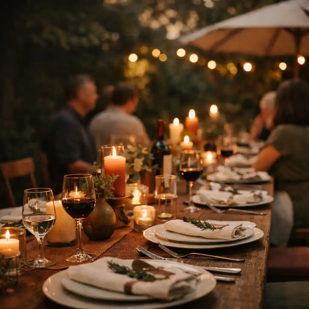 Wieczorny stół w ogrodowej części restauracji, otoczony miękkim światłem i zielenią